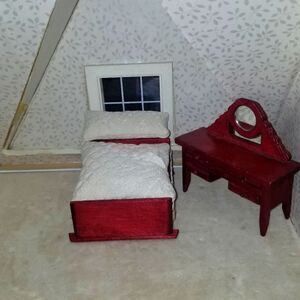 Vintage miniature doll house furniture Bed set With mattress & dresser wood Old